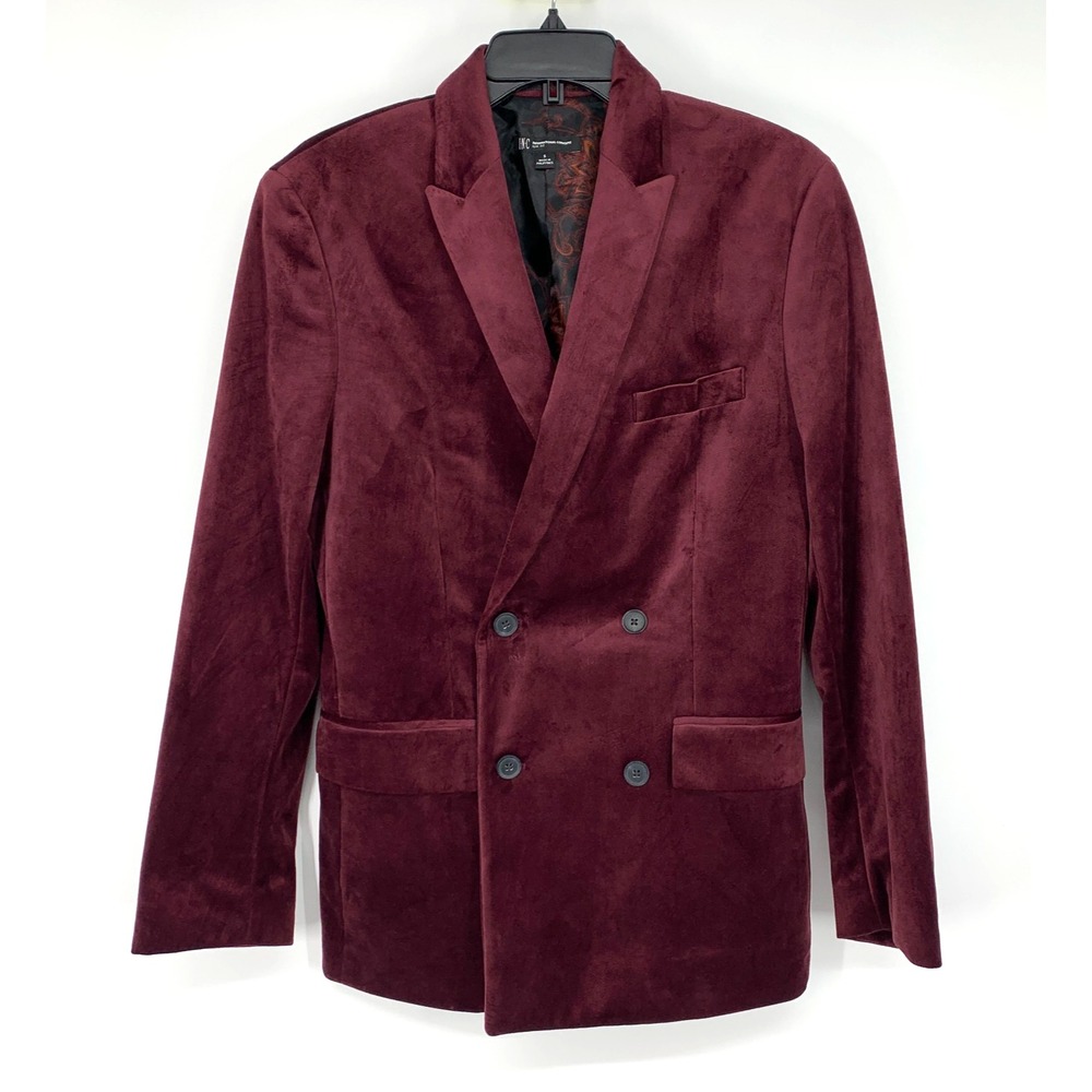 INC Blazer Suit Jacket Mens Small Burgundy Velvet Double Breasted Lined